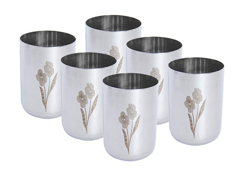 Dharam Paul Traders Stainless Steel Water Glasses Set of 6, Juice Glasses Set of 6, Flower Design, 300 ml Each. - Image 3