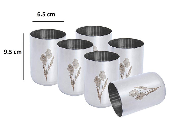 Dharam Paul Traders Stainless Steel Water Glasses Set of 6, Juice Glasses Set of 6, Flower Design, 300 ml Each. - Image 4