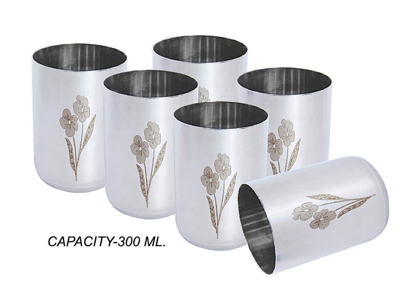 Dharam Paul Traders Stainless Steel Water Glasses Set of 6, Juice Glasses Set of 6, Flower Design, 300 ml Each. - Image 5