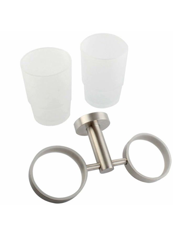 Angle Simple Double Toothbrush Holder, Stainless Steel Wall Mounted Glass Tumbler Holder With Frosted Glass Cup Toothpaste Razor Organizer Bathroom Storage, Brushed Nickel - Image 5