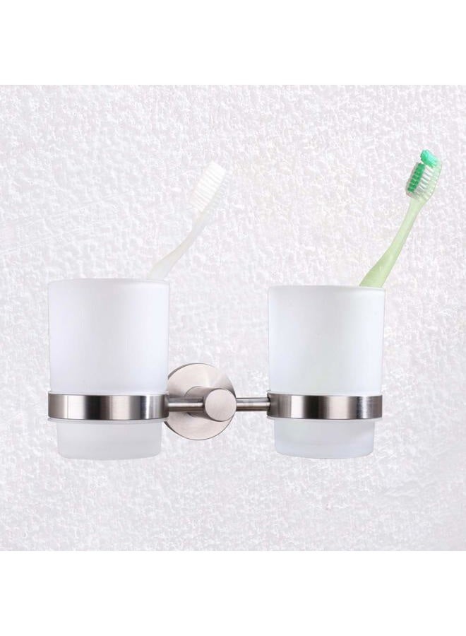 Angle Simple Double Toothbrush Holder, Stainless Steel Wall Mounted Glass Tumbler Holder With Frosted Glass Cup Toothpaste Razor Organizer Bathroom Storage, Brushed Nickel - Image 4