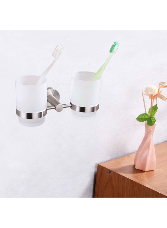 Angle Simple Double Toothbrush Holder, Stainless Steel Wall Mounted Glass Tumbler Holder With Frosted Glass Cup Toothpaste Razor Organizer Bathroom Storage, Brushed Nickel - Image 3
