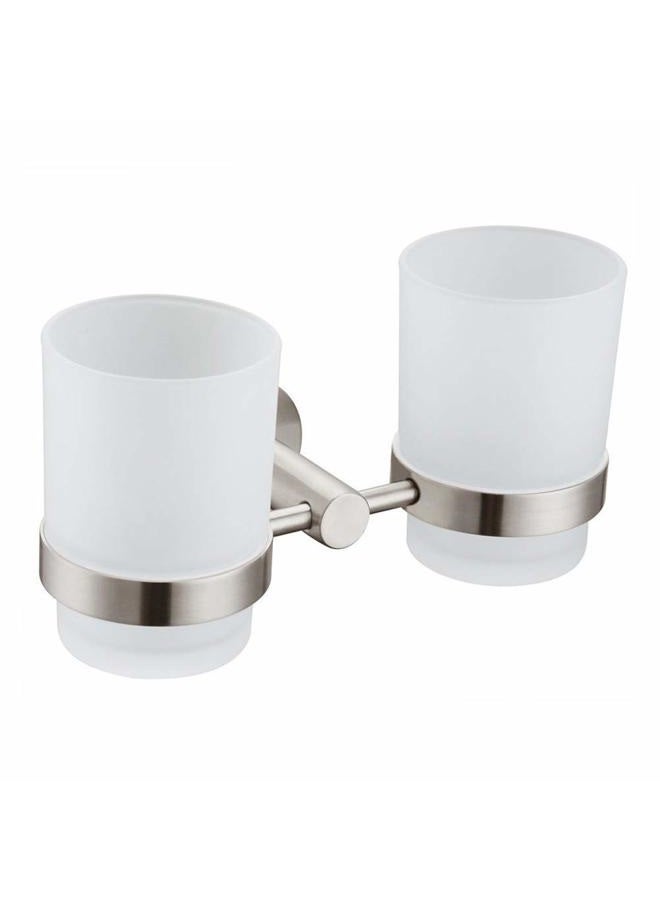 Angle Simple Double Toothbrush Holder, Stainless Steel Wall Mounted Glass Tumbler Holder With Frosted Glass Cup Toothpaste Razor Organizer Bathroom Storage, Brushed Nickel - Image 1