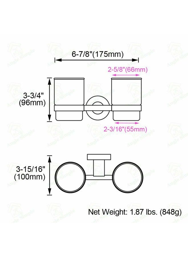 Angle Simple Double Toothbrush Holder, Stainless Steel Wall Mounted Glass Tumbler Holder With Frosted Glass Cup Toothpaste Razor Organizer Bathroom Storage, Brushed Nickel - Image 2