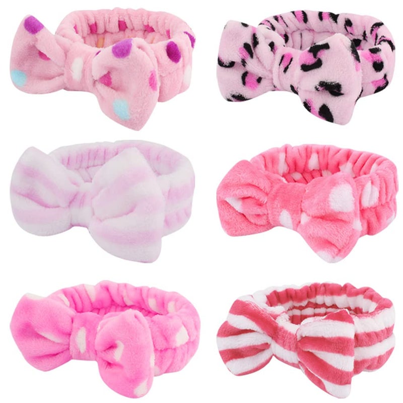 WHAVEL 6 Pack Pink Spa Headbands Makeup Headbands Skincare Headbands Microfiber Bow Headbands Leopard Stripe Polka Facial Headband Soft Elastic Hair Band Headband for Washing Face