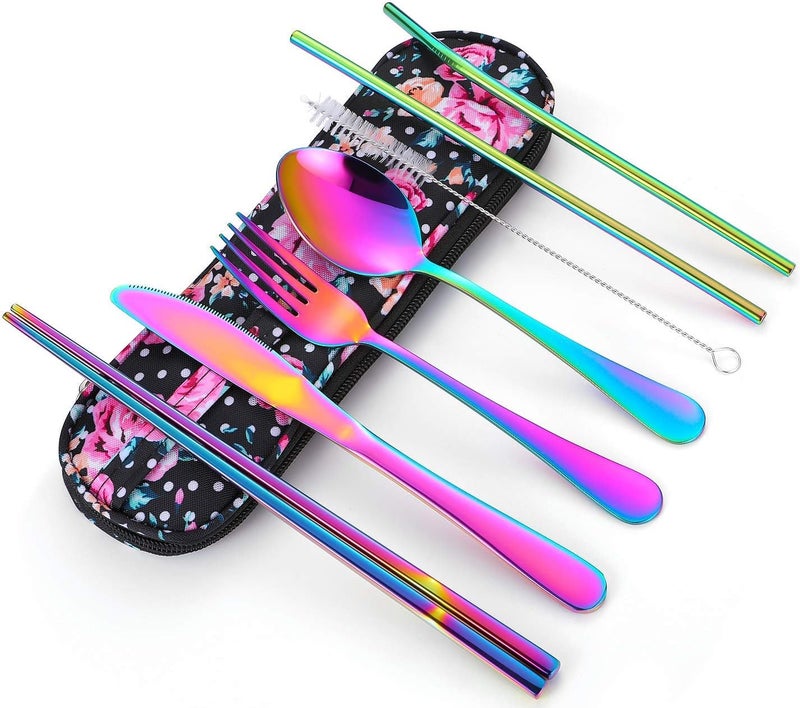 Topbooc Travel Utensils,Reusable Silverware Set To Go Portable Cutlery Set with a Waterproof Carrying Case for Lunch Boxes Workplace Camping Picnic (Rainbow) - Image 1