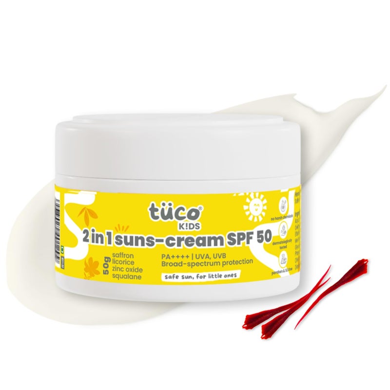TuCo ® Kids 2 in 1 Face Cream + Sunscreen SPF 50 with Saffron oil | UVA/UVB PA++++ | Broad Spectrum Protection | Benzophenone- 3 and Avobenzone Free | Ages 2-5, 5-10, 10-15 | 50gm - Image 1
