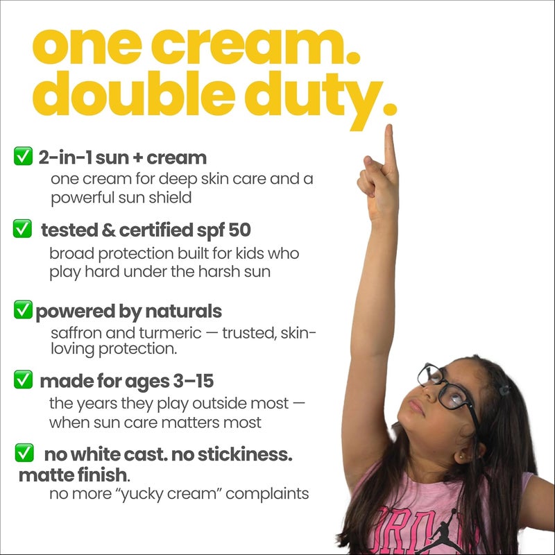 TuCo ® Kids 2 in 1 Face Cream + Sunscreen SPF 50 with Saffron oil | UVA/UVB PA++++ | Broad Spectrum Protection | Benzophenone- 3 and Avobenzone Free | Ages 2-5, 5-10, 10-15 | 50gm - Image 2