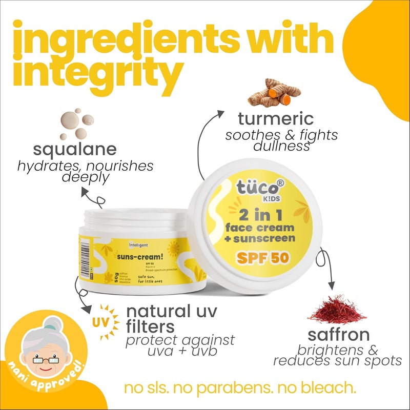 TuCo ® Kids 2 in 1 Face Cream + Sunscreen SPF 50 with Saffron oil | UVA/UVB PA++++ | Broad Spectrum Protection | Benzophenone- 3 and Avobenzone Free | Ages 2-5, 5-10, 10-15 | 50gm - Image 3