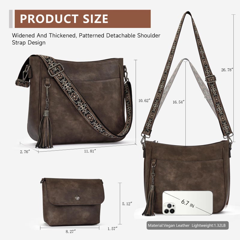 Blucoay 2PCS/Set Crossbody Bags Purses for Women,Large Capacity Vegan Leather Hobo Bags Wallet Set,Shoulder Handbags With 2 Adjustable Strap(darkbrown) - Image 4