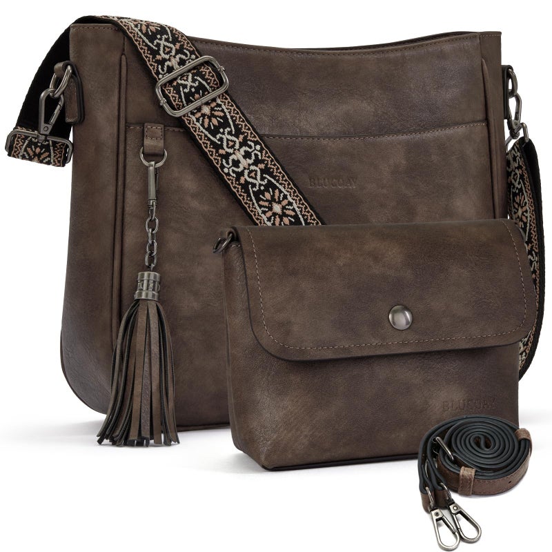 Blucoay 2PCS/Set Crossbody Bags Purses for Women,Large Capacity Vegan Leather Hobo Bags Wallet Set,Shoulder Handbags With 2 Adjustable Strap(darkbrown) - Image 1