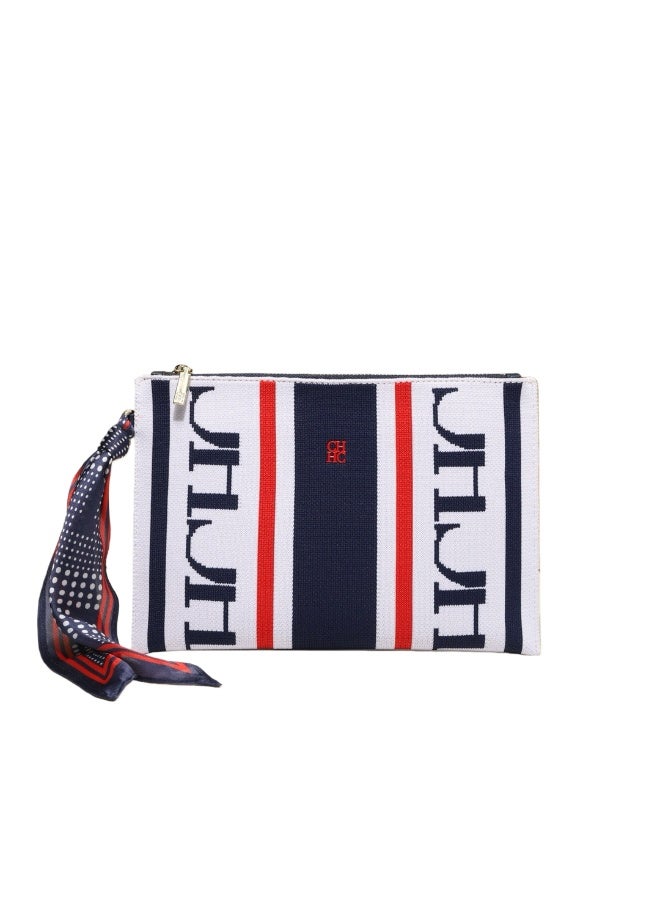 CAROLINA HERRERA Women's Rectangular Canvas Clutch - Zipper Closure, Wrist Strap & Scarf Accent for Business & Evening Events