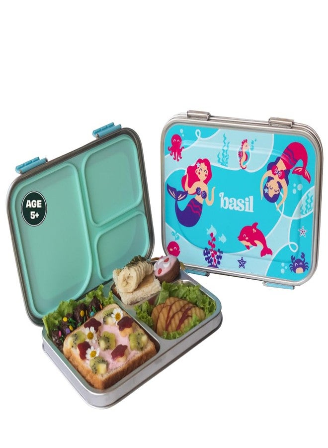 Basil Bento Box - 900 ml 3-Compartment Stainless Steel Lunch Box for Kids | Leak-Proof Tiffin for School | Aqua Mist - Image 1
