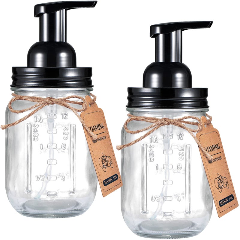 SheeChung Mason Jar Foaming Soap DispenserRustproof Stainless Steel Lid  Foaming Soap Pump Refill Foam Hand Soap Dispenser Glass for Bathroom Kitchen Vanities CountertopsBlack 2 pk