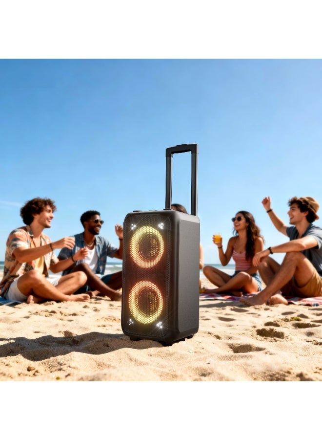 F&D PA200 Portable Trolley Party Speaker with 80W RMS Power and Karaoke Mic Input, FM Radio, 12-Hour Battery Life, Dynamic Light Show and BT/AUX/USB Connectivity for Music Party - Black - Image 2
