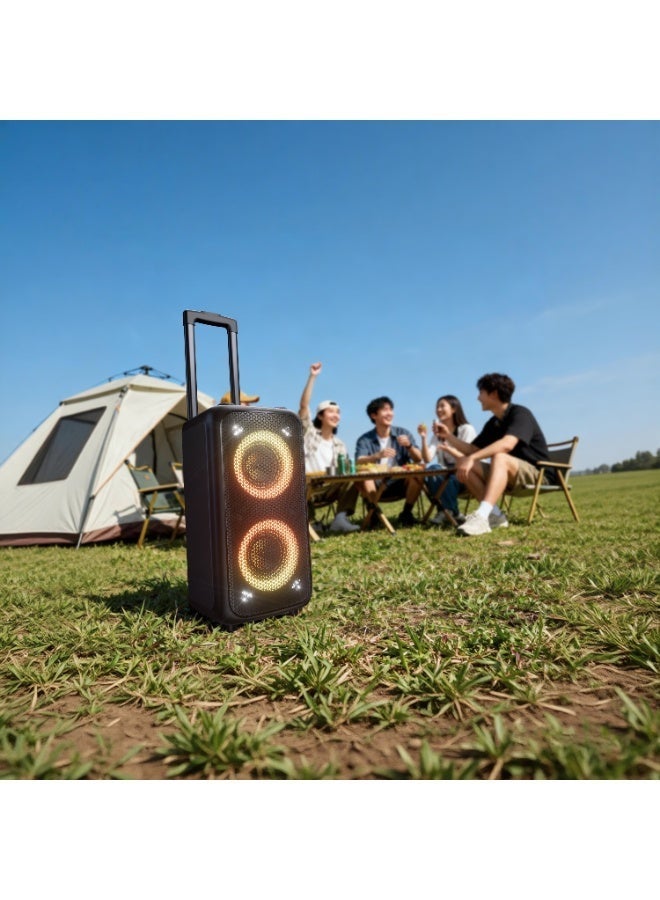 F&D PA200 Portable Trolley Party Speaker with 80W RMS Power and Karaoke Mic Input, FM Radio, 12-Hour Battery Life, Dynamic Light Show and BT/AUX/USB Connectivity for Music Party - Black - Image 4