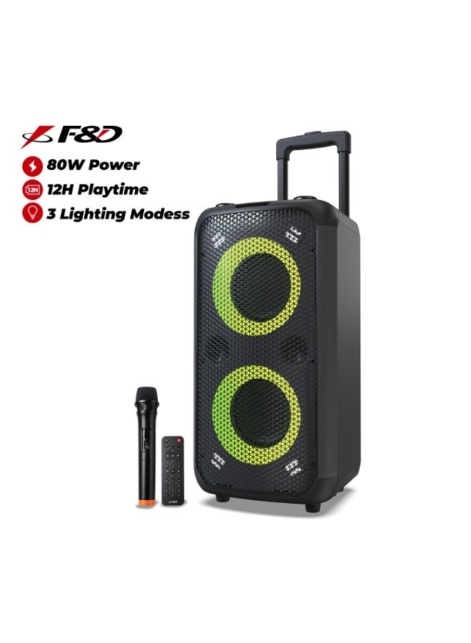 F&D PA200 Portable Karaoke Party Speaker with 80W RMS Powerful Bass, Dynamic LED Light Show, 12H Playtime, Wireless & Wired Mic Input, Bluetooth/AUX/USB, Trolley Design - Black - Image 1