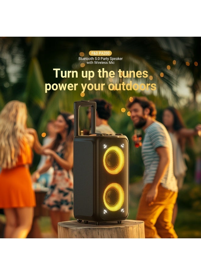 F&D PA200 Portable Karaoke Party Speaker with 80W RMS Powerful Bass, Dynamic LED Light Show, 12H Playtime, Wireless & Wired Mic Input, Bluetooth/AUX/USB, Trolley Design - Black - Image 2
