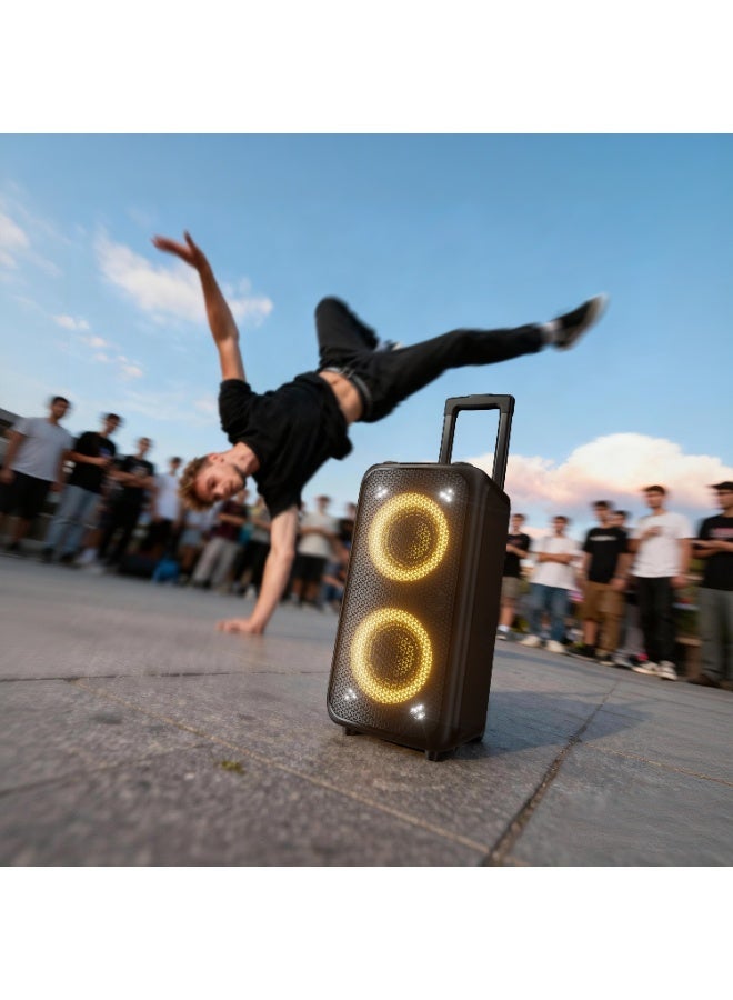 F&D PA200 Portable Karaoke Party Speaker with 80W RMS Powerful Bass, Dynamic LED Light Show, 12H Playtime, Wireless & Wired Mic Input, Bluetooth/AUX/USB, Trolley Design - Black - Image 4