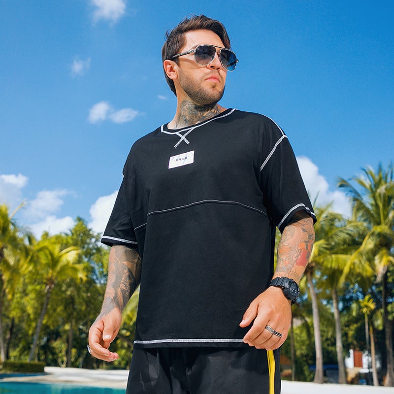 Cross-border a generation of 2022 trendy plus size mens short sleeve T-shirt Che Ming line fat guy loose shoulder sleeve half sleeve T Black