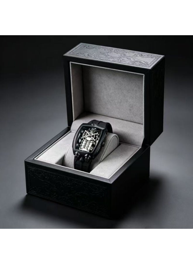 Luxury Men's Skeleton Dial Wrist Watch, Tonneau Stainless Steel Case, Silicone Strap, Fashion Analog Watch for Business, Casual, Sports & Gift - Image 4