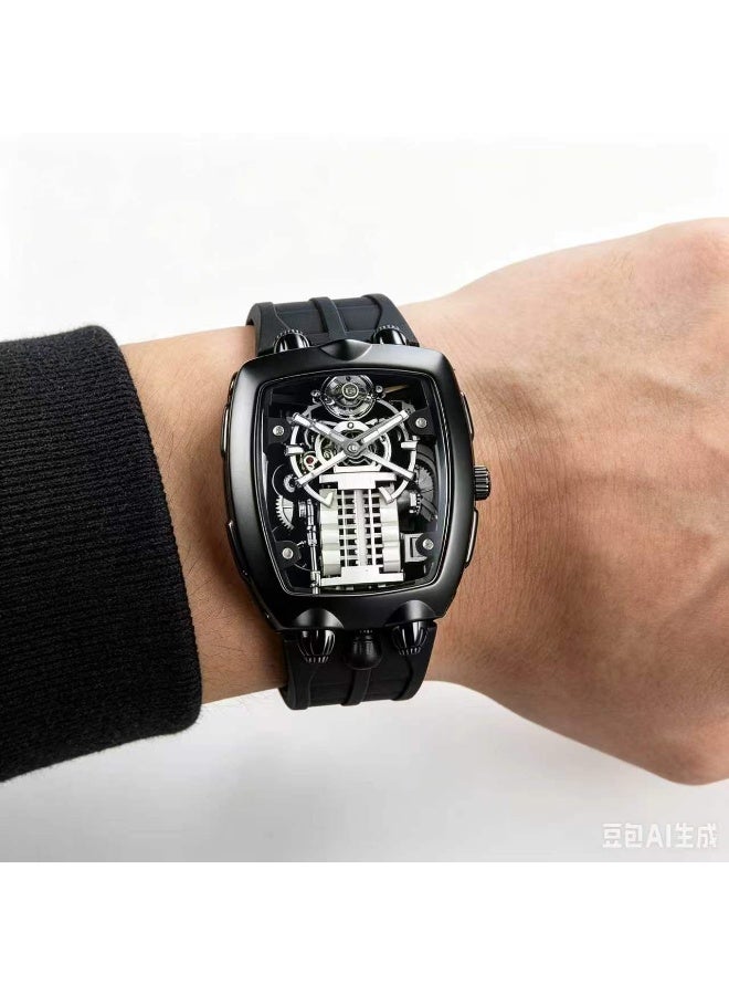 Luxury Men's Skeleton Dial Wrist Watch, Tonneau Stainless Steel Case, Silicone Strap, Fashion Analog Watch for Business, Casual, Sports & Gift - Image 5