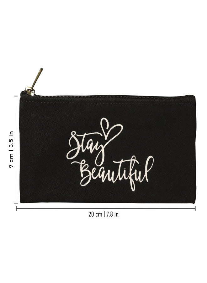 Spillbox Canvas Pouch School|Stationary |Pencil Case|Cosmetic|Travel|Toiletry|Money Purse|Multipurpose Pouch|Printed Designs|Metal Golden Zipper Black (Stay Beautiful) - Image 2