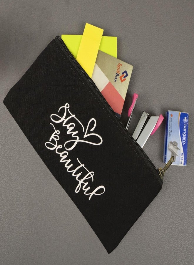 Spillbox Canvas Pouch School|Stationary |Pencil Case|Cosmetic|Travel|Toiletry|Money Purse|Multipurpose Pouch|Printed Designs|Metal Golden Zipper Black (Stay Beautiful) - Image 5
