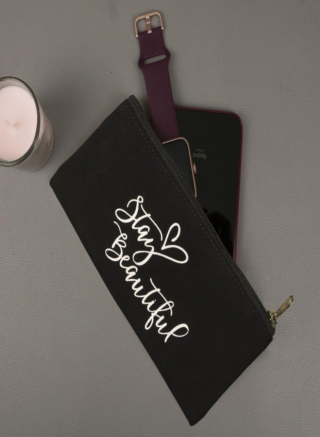 Spillbox Canvas Pouch School|Stationary |Pencil Case|Cosmetic|Travel|Toiletry|Money Purse|Multipurpose Pouch|Printed Designs|Metal Golden Zipper Black (Stay Beautiful) - Image 4