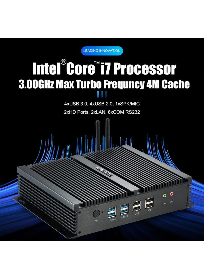 KINGDEL KINGDEL Fanless Industrial PC, Mini Computer with i7 CPU, 8GB RAM, 512GB SSD, 2xNICs, 2xHD Ports, 4xUSB 3.0, 6xCOM RS232, Metal Case  - Image 2