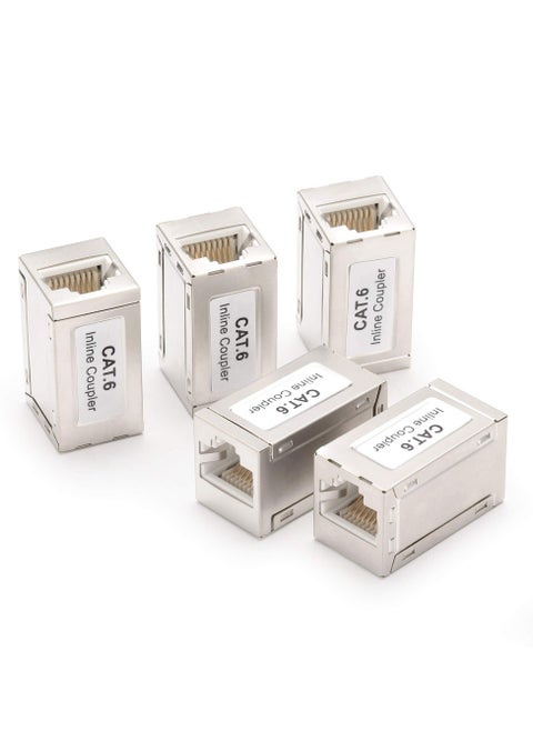 RJ45 Coupler Shielded Inline Adapter, Ethernet Cable Extender, Ethernet Coupler Female to Female Connector for Cat7/ Cat6/ Cat5e Cable, Ethernet Extender Adapter in Silver (5 Pack)