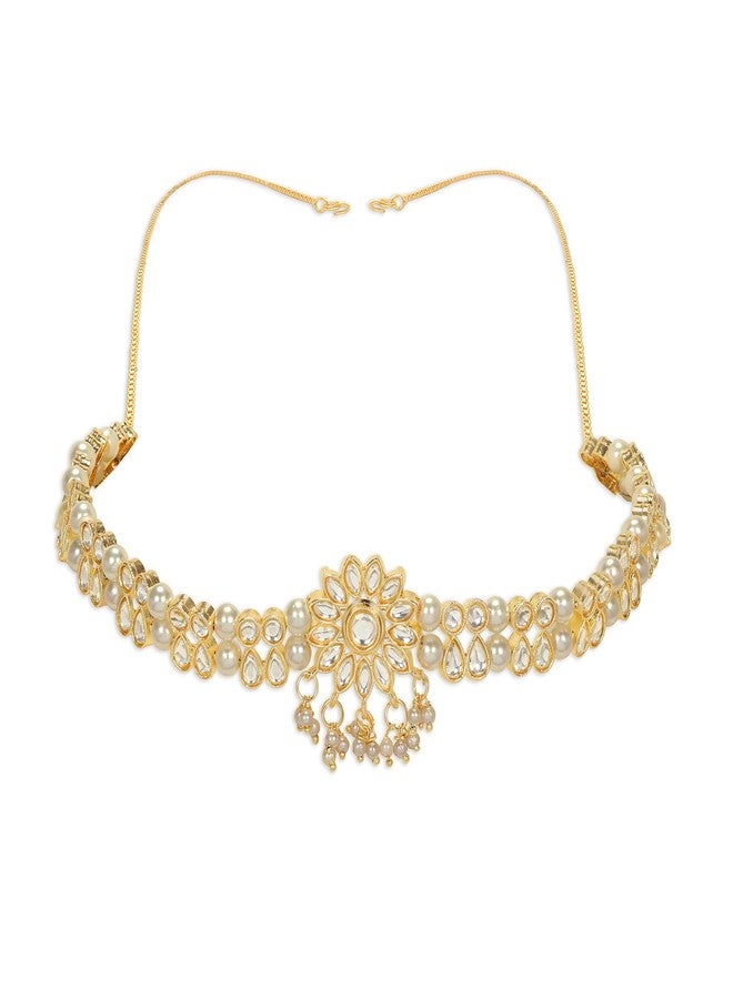 ACCESSHER Traditional Gold-Plated Sheeshphool Mathapatti Headband Damini Studded with Kundan & Red Beads for Women Gifting for Karwa Chauth Jewellery - Image 1