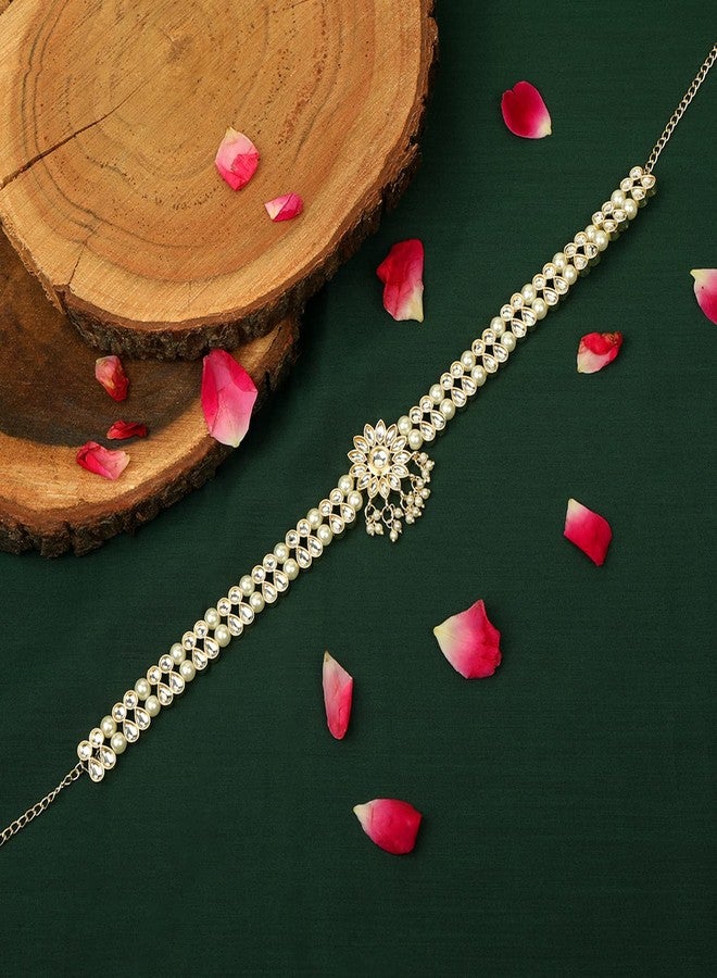 ACCESSHER Traditional Gold-Plated Sheeshphool Mathapatti Headband Damini Studded with Kundan & Red Beads for Women Gifting for Karwa Chauth Jewellery - Image 3