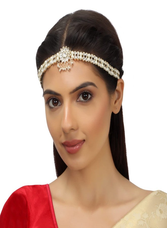 ACCESSHER Traditional Gold-Plated Sheeshphool Mathapatti Headband Damini Studded with Kundan & Red Beads for Women Gifting for Karwa Chauth Jewellery - Image 4