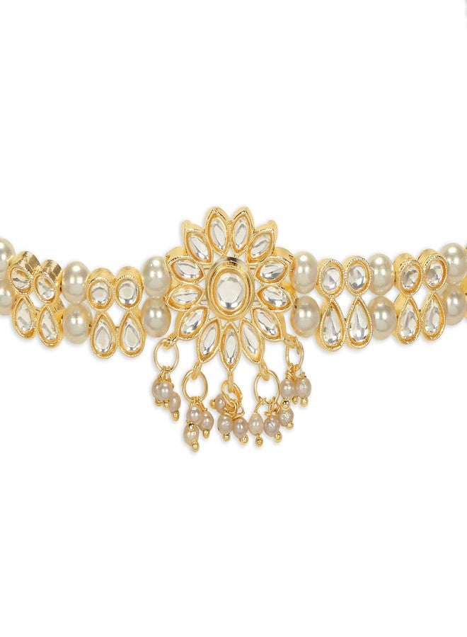 ACCESSHER Traditional Gold-Plated Sheeshphool Mathapatti Headband Damini Studded with Kundan & Red Beads for Women Gifting for Karwa Chauth Jewellery - Image 2