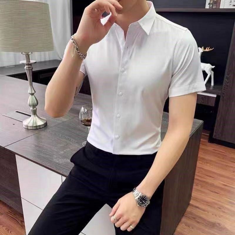 قميص رجالي رسمي بأكمام طويلة وقصة ضيقة بلون سادة - Image 1