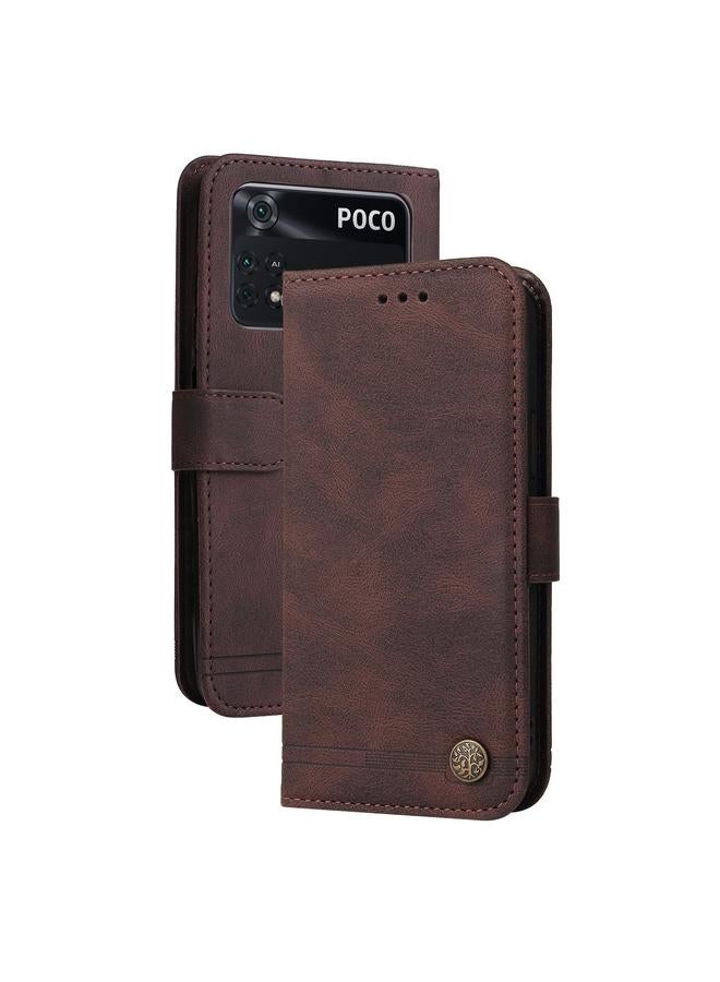 Case For Xiaomi Poco M4 Pro 4G Skin Feel Life Tree Metal Button Horizontal Flip Leather Case