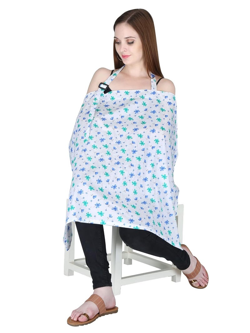 Switchon Feeding Apron Cover Maternity Cover & Scarf 100% Cotton Maternity Breastfeeding Multipurpose for Mothers (White-Blue) - Image 1