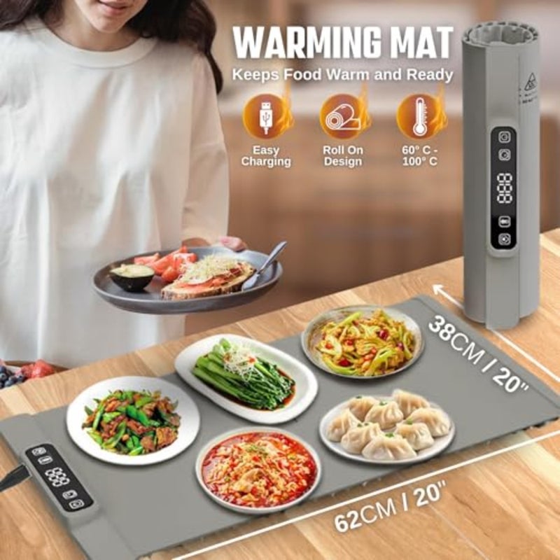 Warming Mat For Food, Fast Heating In 10s, 3-Temp Electric Tray With Auto Shut-Off, Adjustable Temperature, Portable and Rollable Design For Baking, Travel, Buffets Grey - Image 2