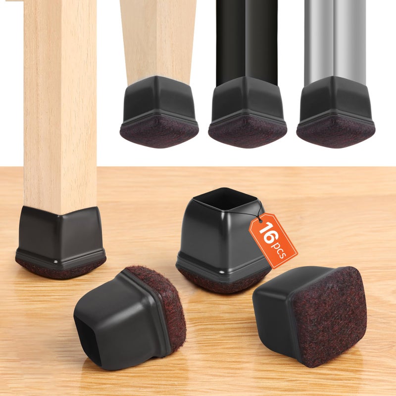 GAGUIUP 16Pcs Silicone Chair Leg Caps, Chair Leg Floor Protectors For Hardwood Floors, Square Felt Chair Pads, Barstool Desk Black Furniture Feet Floor Protectors, Anti-Scratches, Reduce Noise(Fit: 0.75""-1"") - Image 1