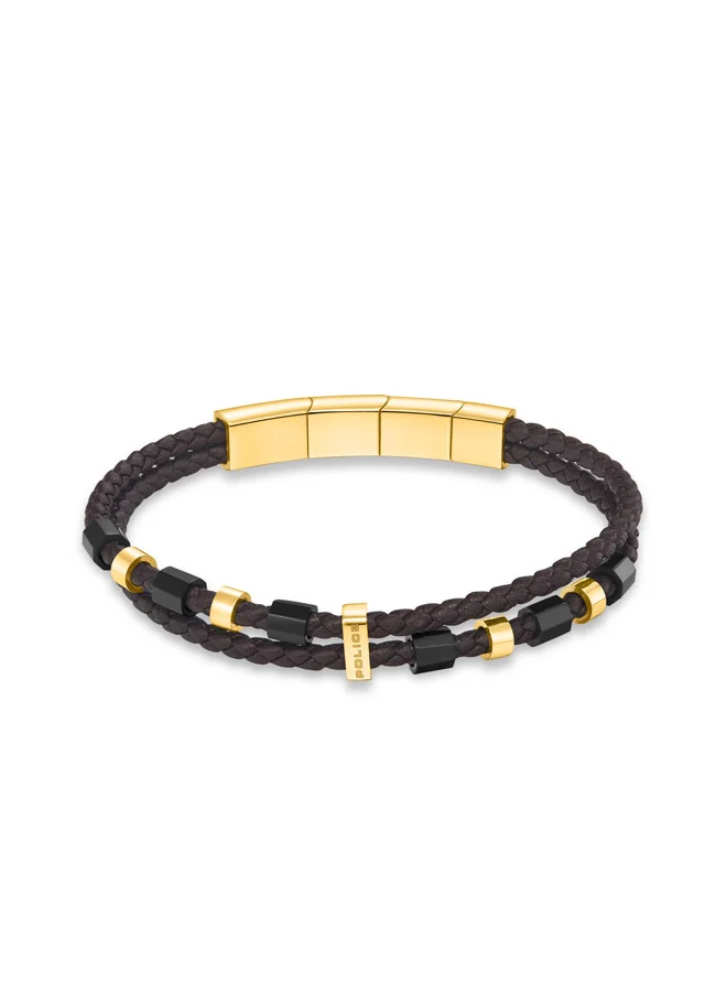 POLICE Freeway Gold Stainless Steel and Black Leather Bracelet for Men