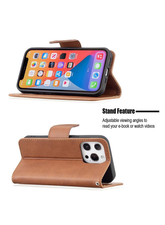 اس-توب جراب لهاتف iPhone 13 Pro Max من جلد الحمل بتصميم كلاسيكي بلون نقي مع حامل وفتحات للبطاقات ومحفظة وحبل تثبيت - Image 4