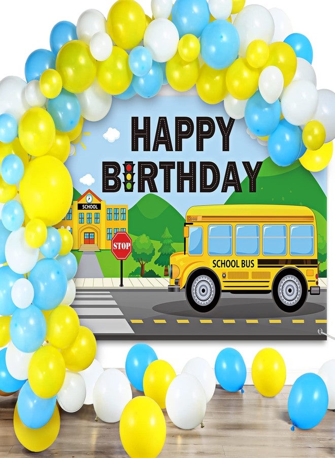 Charnoel School Bus Birthday Party Decorations Theme Happy Backdrop Banner 92 Pieces Blue Yellow White Balloon Kit for Kids Boys Girls Back to Supplies - Image 1