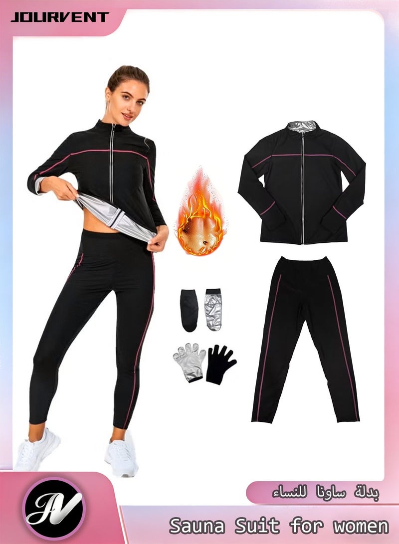 Jourvent Women’s Sauna Suit Set for Weight Loss, Premium High-Quality Breathable Fabric Quick-Dry Sweat-Wicking Compression Outfit, Zipper Long Sleeve Top & High-Waist Shaping Pants with Gloves & Shoe Covers - Image 1