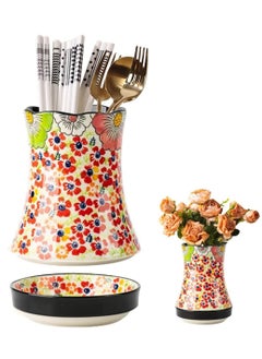 KASTWAVE Ceramic Kitchen Utensil Holder, Multi-Functional Large Capacity Knife and Fork Storage Tube, Crock Decorative Vase, with Embossed Three-Dimensional Flower Design for Kitchen Decor Red, 1 Pcs  - Image 1