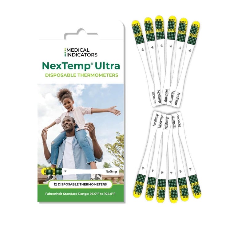 NEXTEMP Ultra Single-Use Thermometers - Individually Wrapped Disposable First Aid Supplies with High-Accuracy Readings, for Work, Home, and Travel, Fahrenheit, 12-Pack, by Medical Indicators Inc. - Image 1