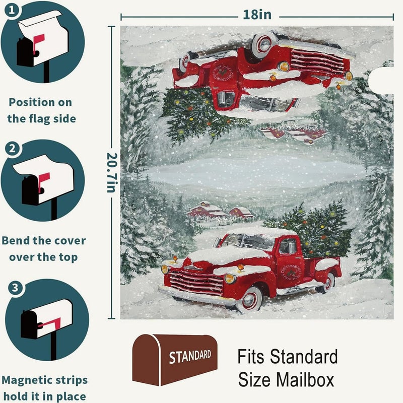 Identiy Retro Red Truck with Christmas Tree Mailbox Covers Magnetic Standard Size,Christmas Magnetic Mailbox Covers 18"x21" for Holiday Yard Decor - Image 2