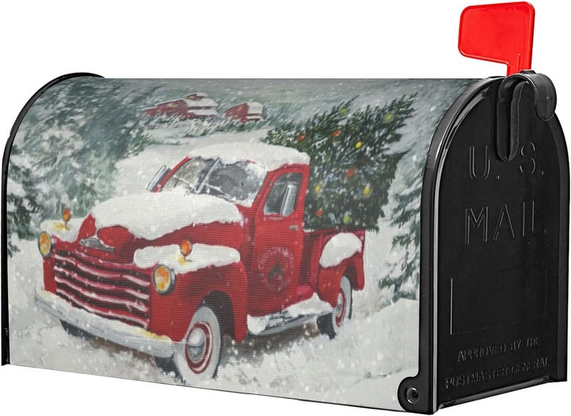 Identiy Retro Red Truck with Christmas Tree Mailbox Covers Magnetic Standard Size,Christmas Magnetic Mailbox Covers 18"x21" for Holiday Yard Decor - Image 1