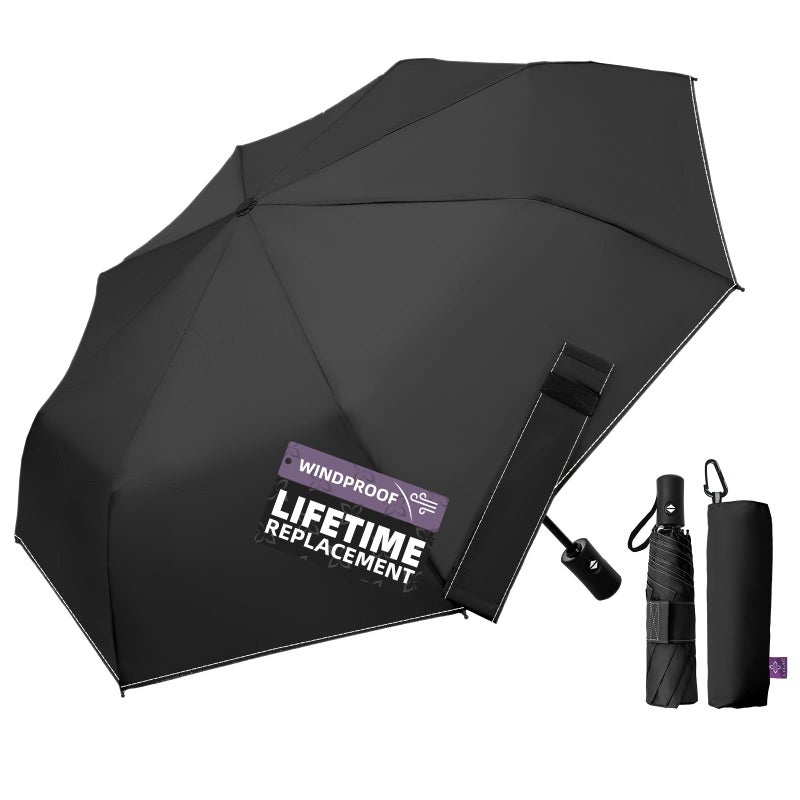 LILAC Compact Travel Windproof Umbrella, 43" Auto Open/Close Folding Quick Dry for Rain, Lightweight Portable Small for Backpack Car, Thoughtful Women Men Kids, TSA Approved, Black - Image 1
