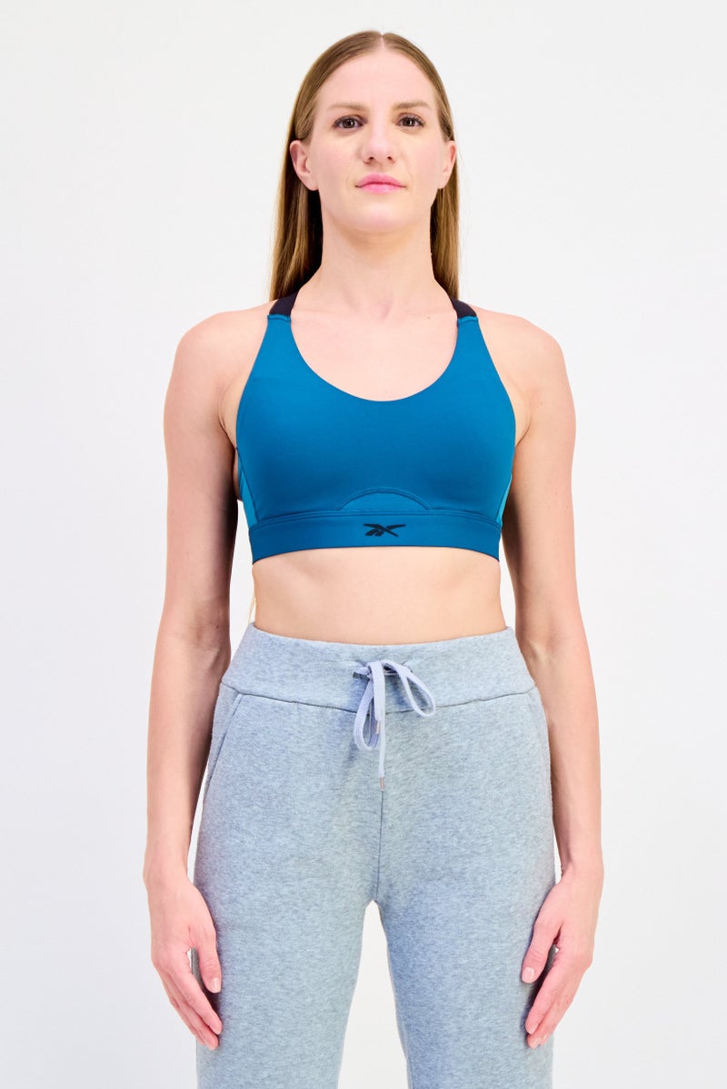 Reebok حمالة صدر رياضية مبطنة بشعار العلامة التجارية للنساء، أخضر مائل إلى الأزرق - Image 1